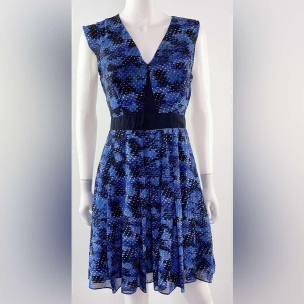 Rebecca Taylor V-Neck Blue and Black Midi Dress